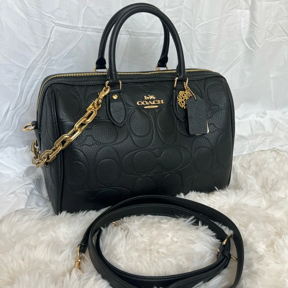 COACH Black Embossed Leather Satchel with Gold Hardware and coach charms - Picture 7 of 12